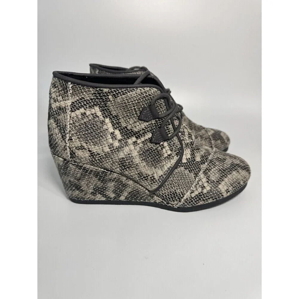 NEW Toms Kala Leather Snakeskin Print Lace Up Wedge Booties Womens 9